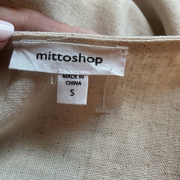 Mittoshop Beige Linen Blend Short Sleeve Tie Front Button Front Top S - Picture 3 of 6